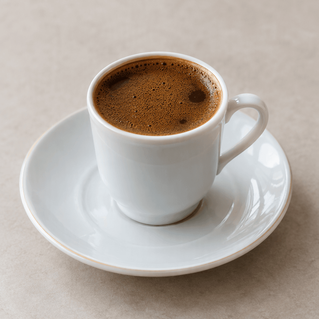 A small cup filled with very dark, nearly opaque brown coffee, topped with a thin layer of fine tan foam and served on a matching saucer, with no visible sugar, milk, or garnish.
