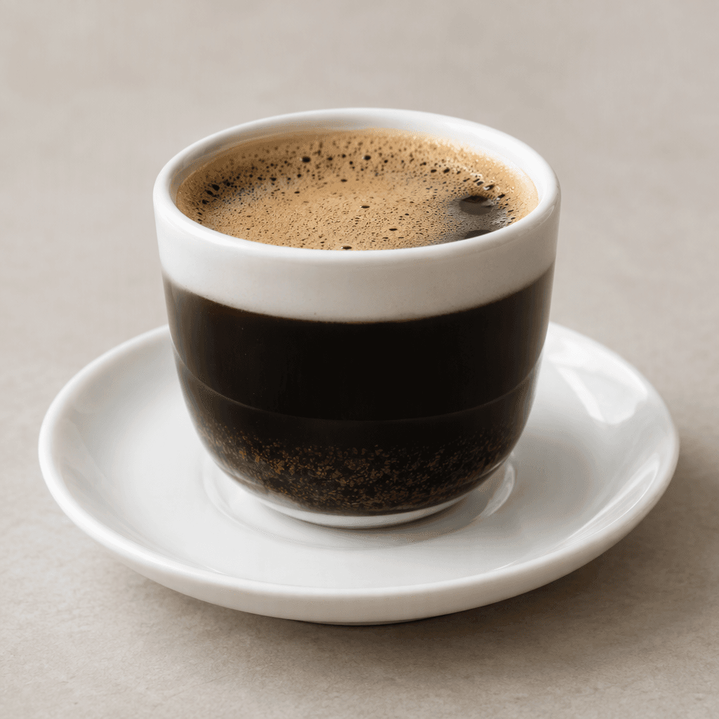 A small handleless porcelain cup holds nearly black, opaque coffee topped with a thin layer of tan foam, with fine dark grounds settled at the bottom, set on a matching saucer.