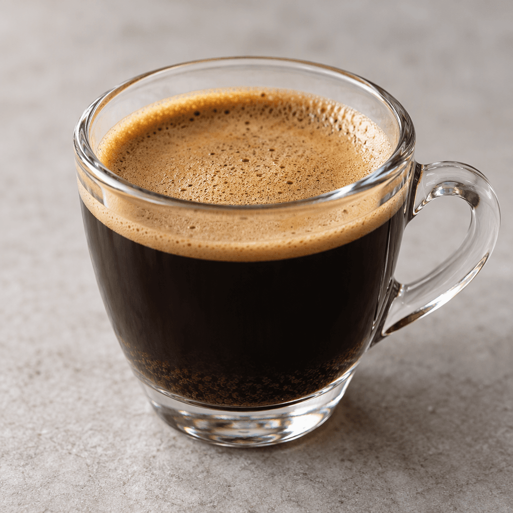 A small cup holds nearly black, opaque coffee topped with a thin layer of fine tawny foam, with a trace of dark grounds settled at the bottom.