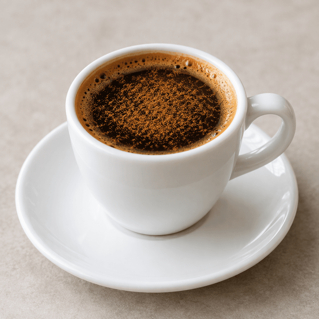 A small white porcelain cup holds nearly opaque, very dark brown coffee with a thin light-brown foam cap and a fine dusting of cinnamon on the surface, resting on a matching saucer.