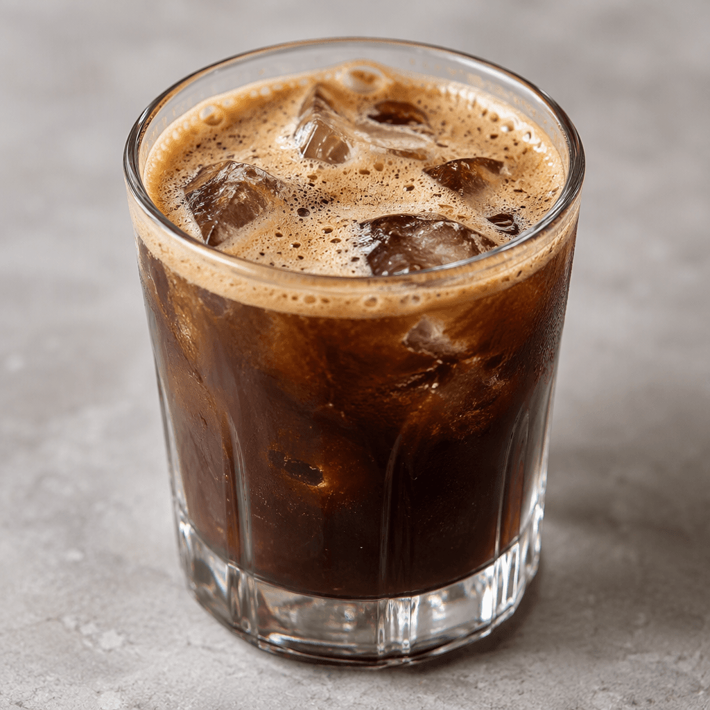 Dark, opaque brown coffee with a thin tan foam on top and visible ice cubes, served in a clear glass.