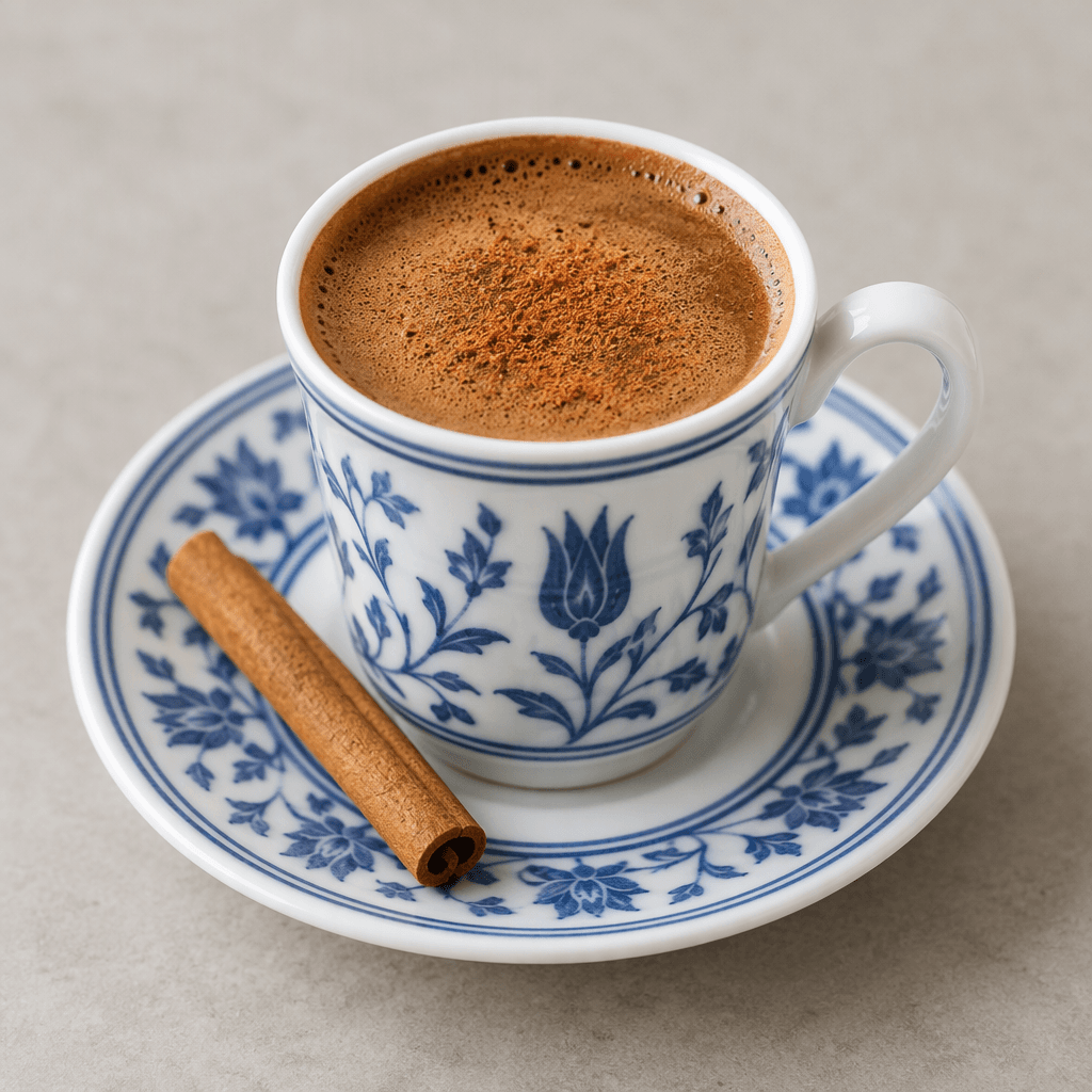 A small porcelain cup holds thick, opaque dark-brown Turkish coffee with a fine tan foam and a light dusting of cinnamon on the surface, set on a matching saucer with a cinnamon stick beside it.