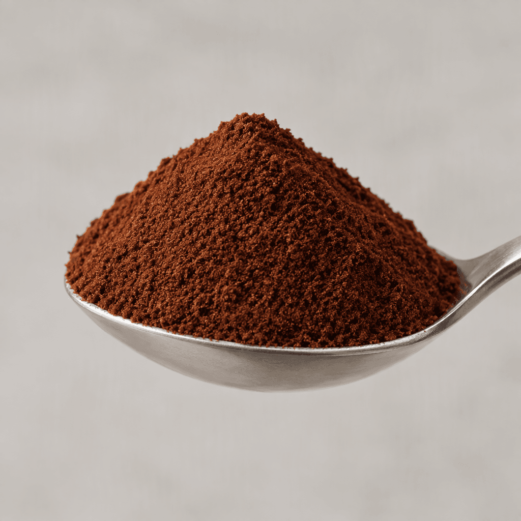 A heaped teaspoon of very finely ground, deep-brown coffee forms a small mound above the spoon’s rim.