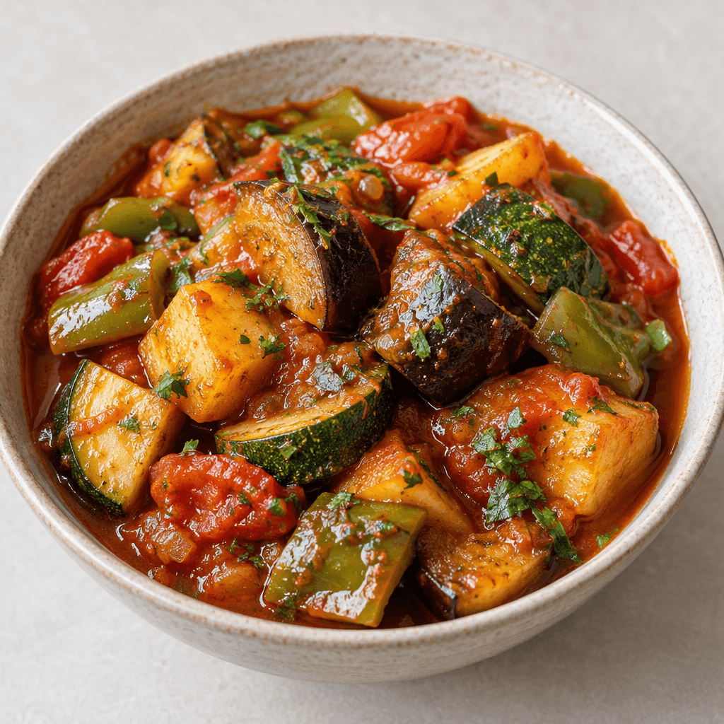 A shallow bowl holds chunky pieces of eggplant, zucchini, potato, green pepper and tomato in a glossy deep-red sauce, with softened vegetables retaining distinct shapes and flecks of green herbs visible on the surface.