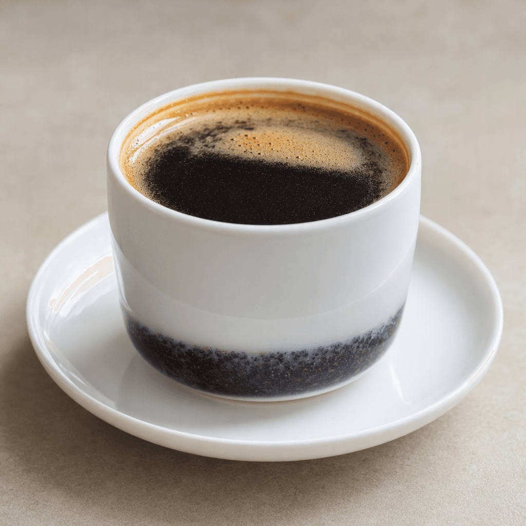 A small handleless porcelain cup on a matching saucer holds nearly black, opaque coffee topped with a thin layer of tan foam, with fine dark grounds settled at the bottom and a few grains visible along the surface.