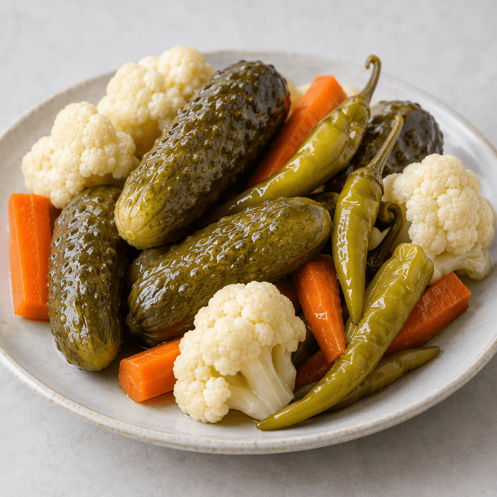 A small assortment of glossy pickled vegetables—whole cucumbers, slender green peppers, carrot sticks and cauliflower florets—with firm, wrinkled surfaces arranged on a plate.