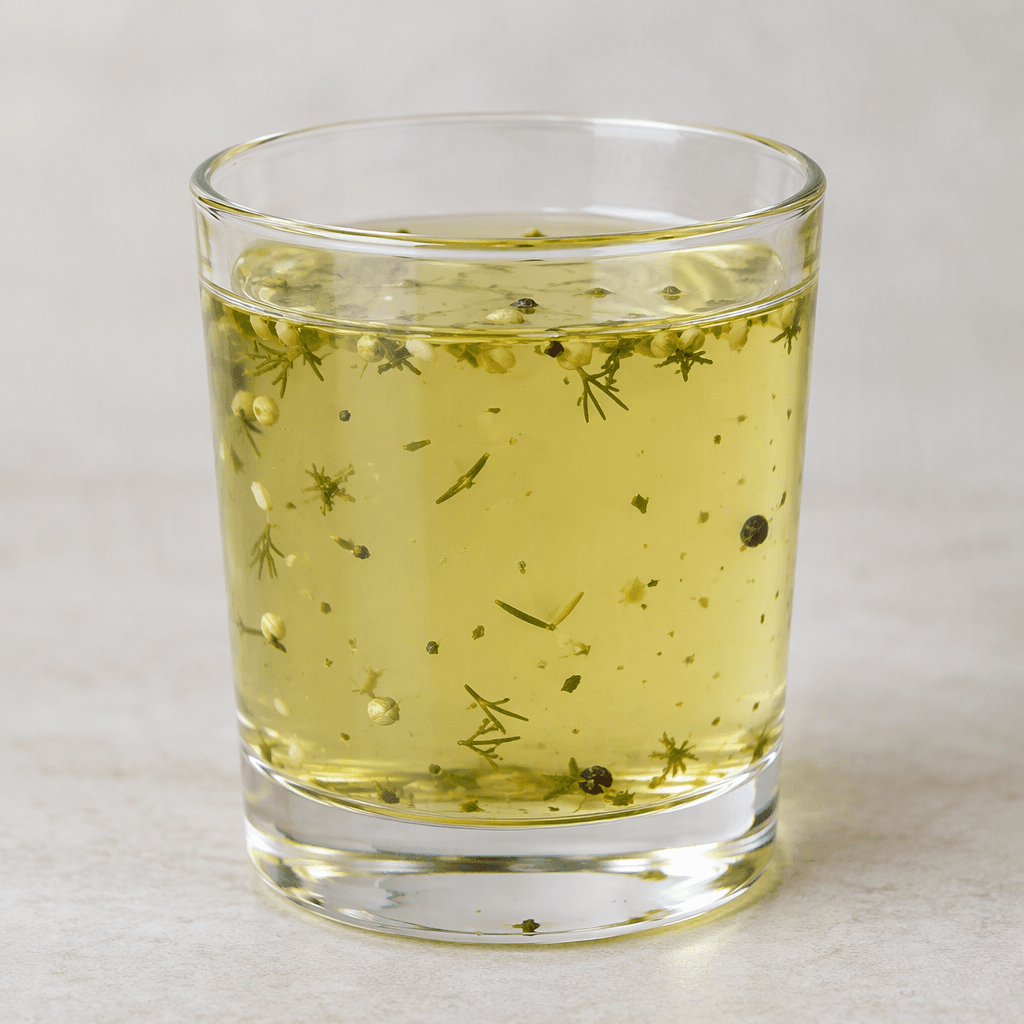 Clear pale yellow-green brine fills a small transparent glass, with a few tiny herb and spice particles suspended in the liquid.