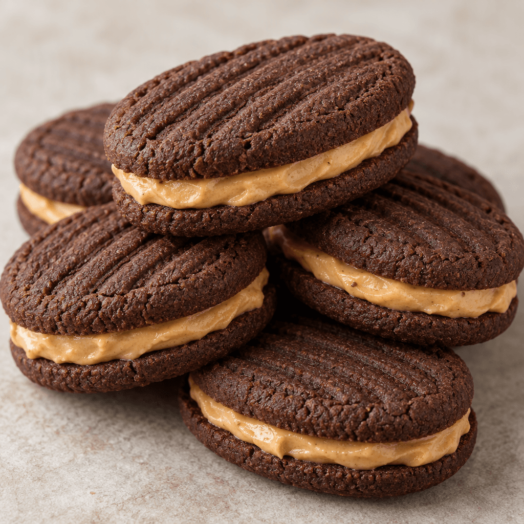 Dark cocoa-brown oval biscuits with a lightly embossed, ridged surface are stacked in pairs around a visible layer of pale tan peanut filling.