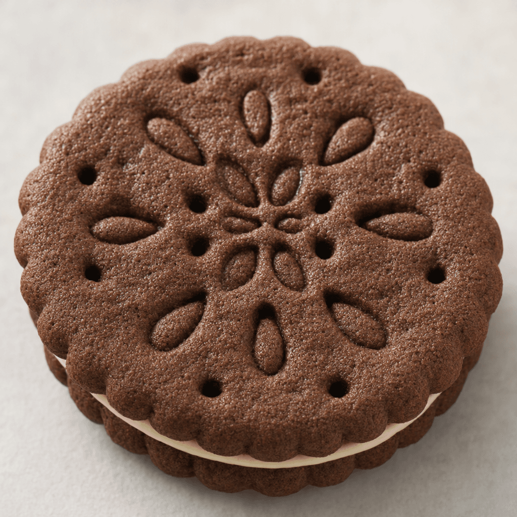 A dark cocoa-brown, round biscuit with softly scalloped edges and a pressed decorative pattern on top, with a thin layer of pale cream visible between the biscuit layers.