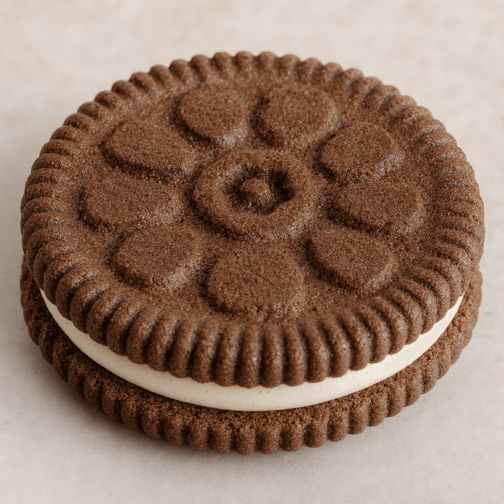 A round, dark cocoa-brown biscuit with a ridged edge and a patterned top, with a pale cream filling visible between the biscuit layers.