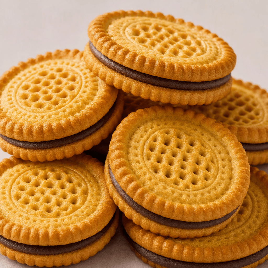 Round, golden-brown sandwich biscuits with ridged edges and a patterned top, joined by a visible layer of dark cocoa filling.