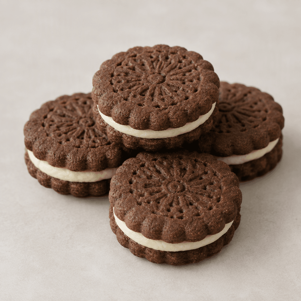 Small, round, scallop-edged dark cocoa biscuits with a pale cream filling visible between the layers, their tops lightly embossed with a decorative pattern.