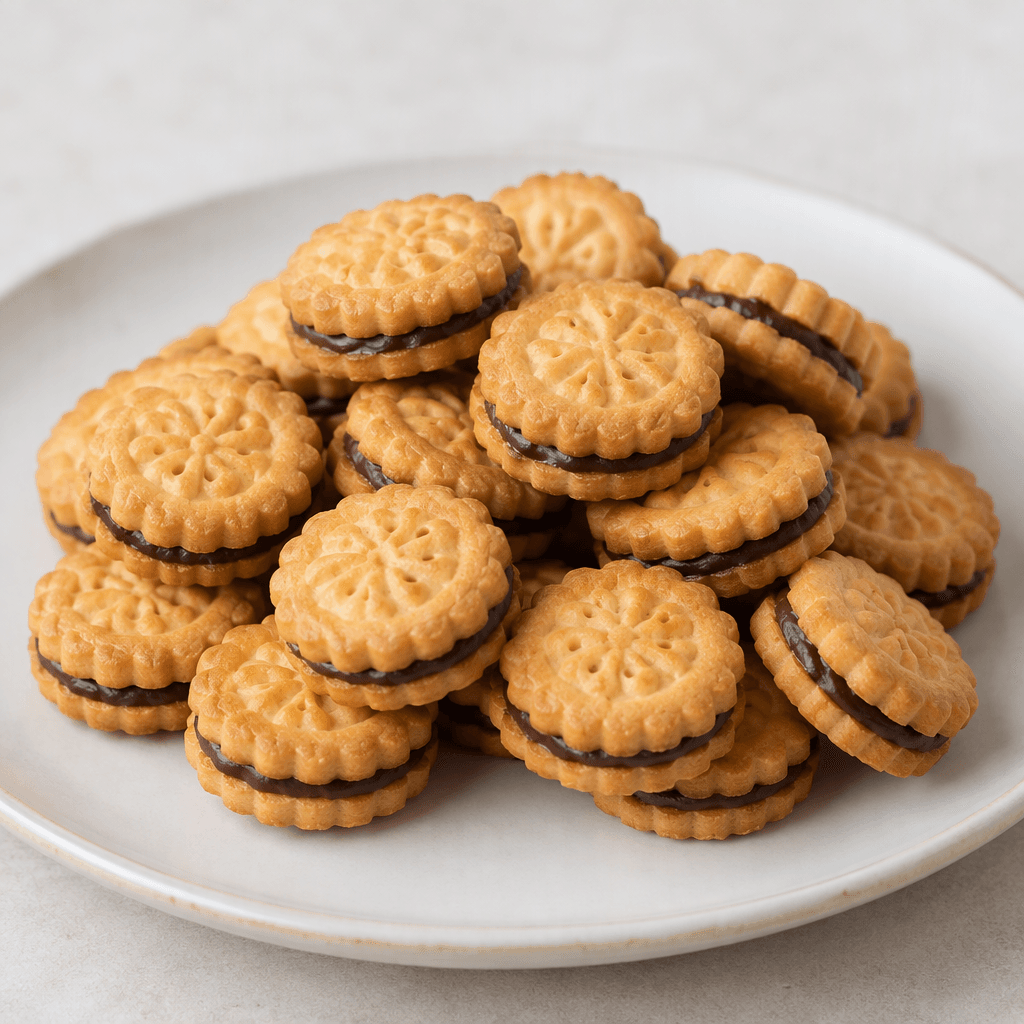 Small golden-brown round biscuits with scalloped edges and an embossed pattern on top, some showing a dark cocoa filling between the biscuit layers, arranged on a plate.