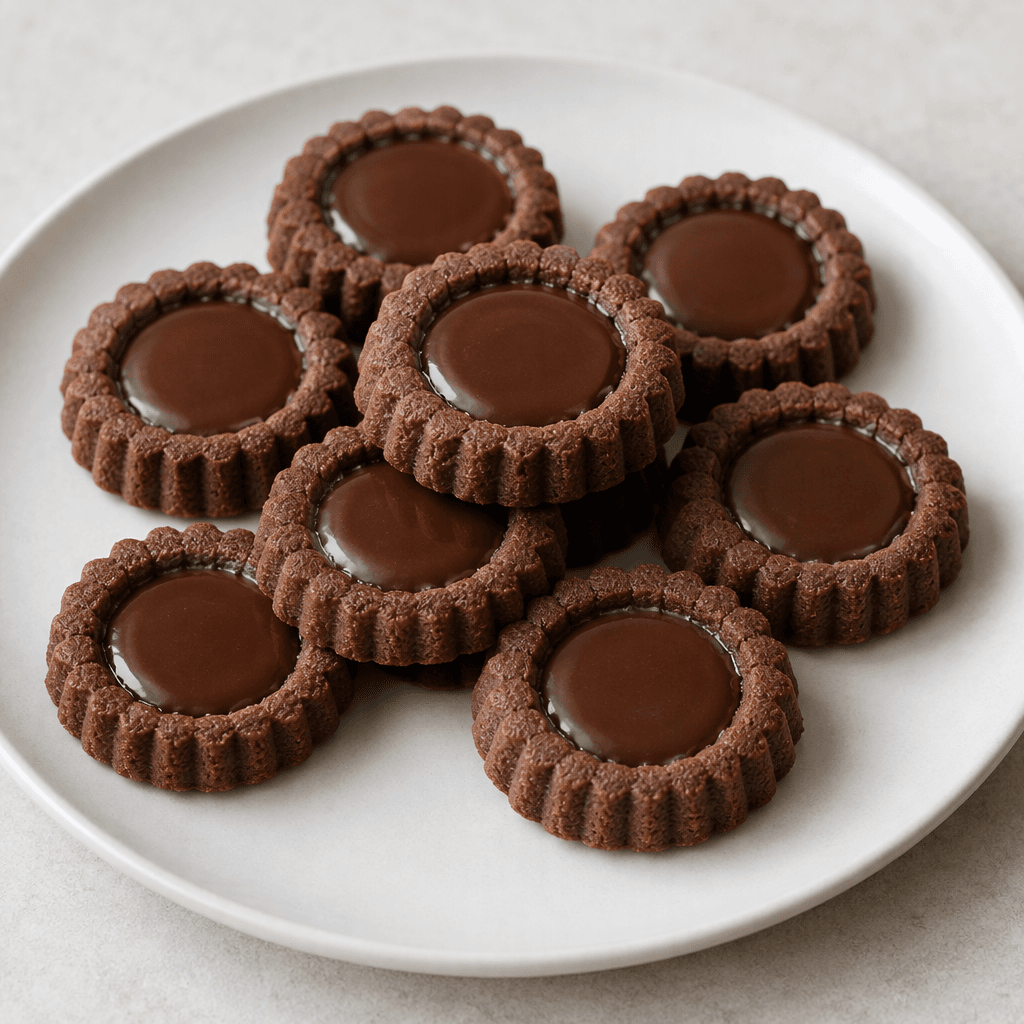 Small round, dark cocoa-brown tart-shaped biscuits with ridged edges and a shallow center of glossy chocolate filling, arranged on a plain plate.