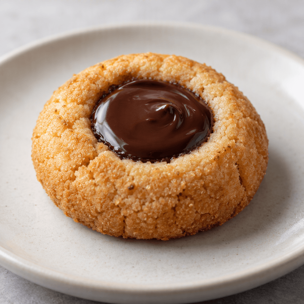 A small, round, golden-brown cookie with a shallow center filled with smooth, glossy dark chocolate, served on a plate.