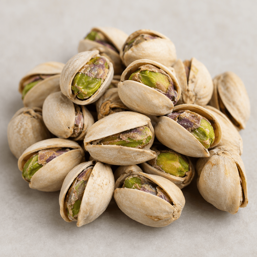 A small pile of oval pistachios in pale beige, naturally split shells, with green and purplish-brown kernels visible and a light dusting of salt.
