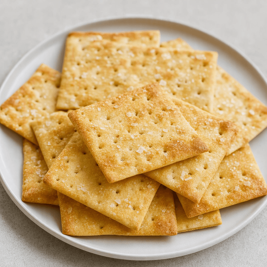 Thin, square crackers with straight edges, a pale golden-brown surface, tiny perforations and a light scattering of salt crystals, arranged in a loose stack on a plain plate.