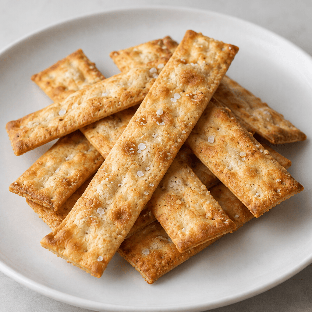 Several slender, straight salted crackers with a warm golden-brown colour, lightly blistered crisp surfaces, and scattered coarse salt crystals, arranged in a small overlapping pile on a plain plate.