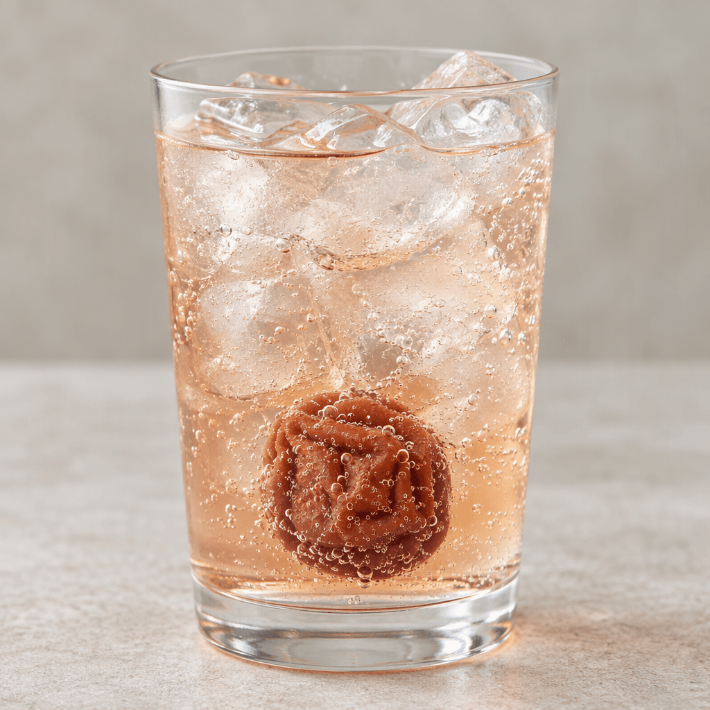 A clear, fizzy drink with a faint amber-pink tint is served over ice in a transparent glass, with a wrinkled reddish-brown salted plum visible near the bottom and tiny bubbles rising through it.