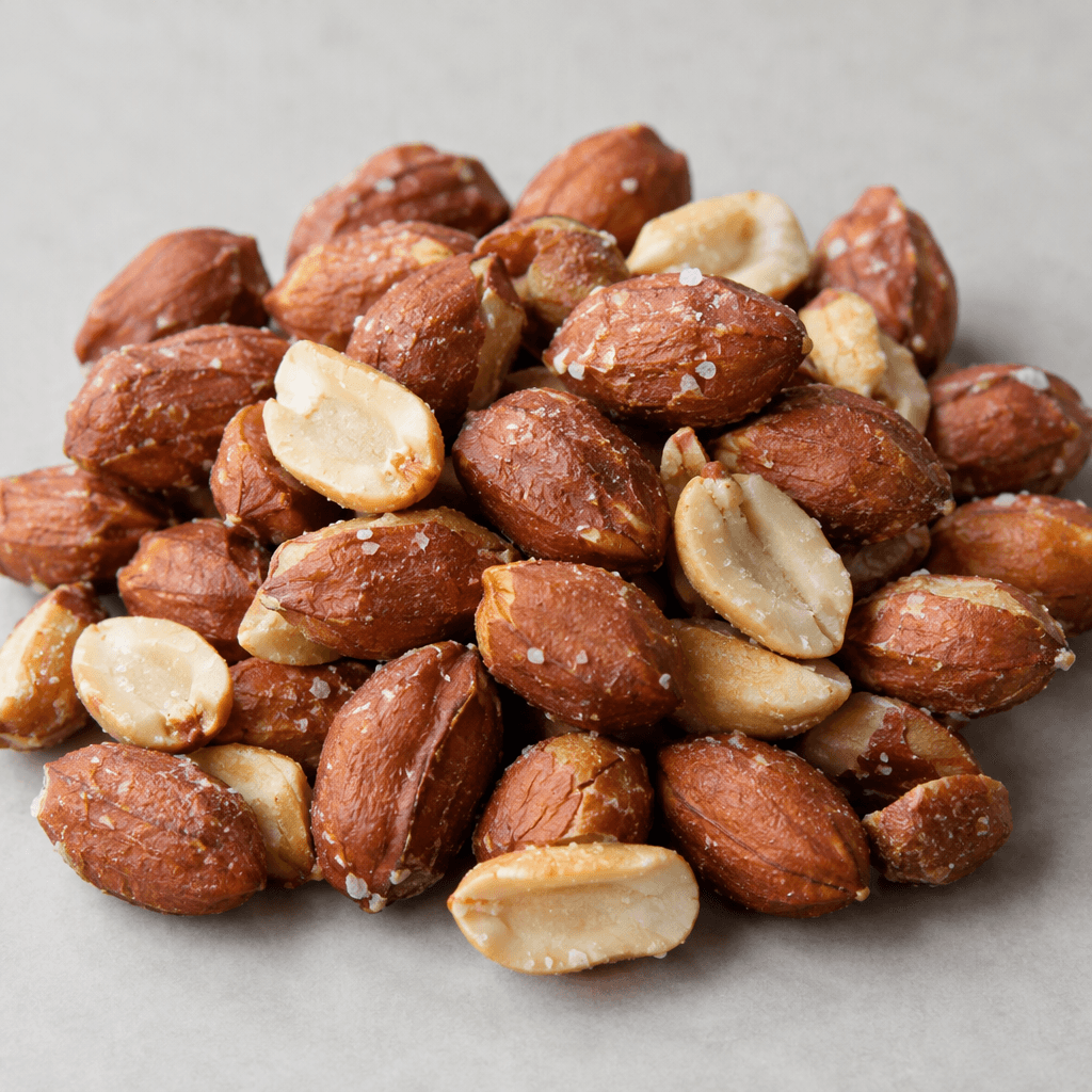 Shelled whole and split peanuts with wrinkled reddish-brown skins, irregular oval shapes, pale cream interiors, and scattered white salt crystals on their surfaces, loosely arranged in a small pile.