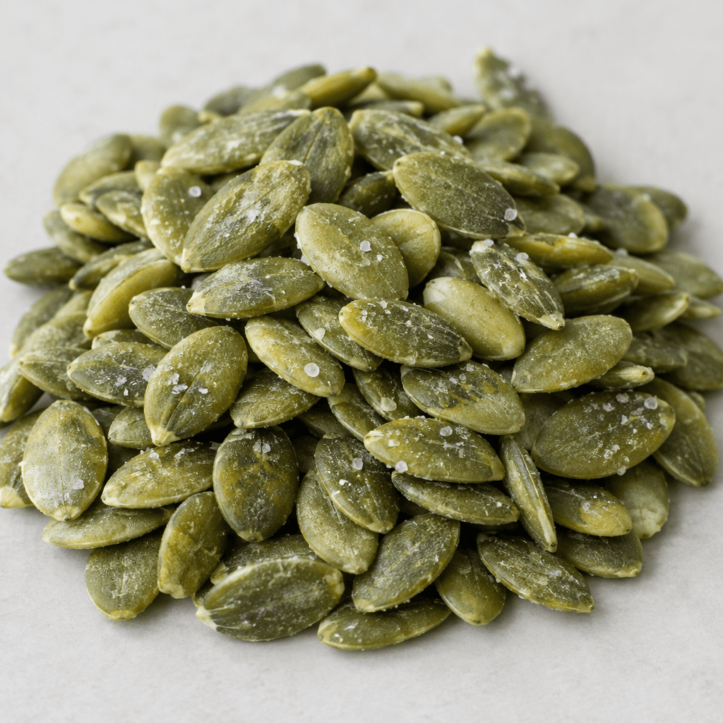 Small, flat oval pumpkin seeds with pale green kernels and a lightly speckled coating of white salt crystals, served in a loose pile.