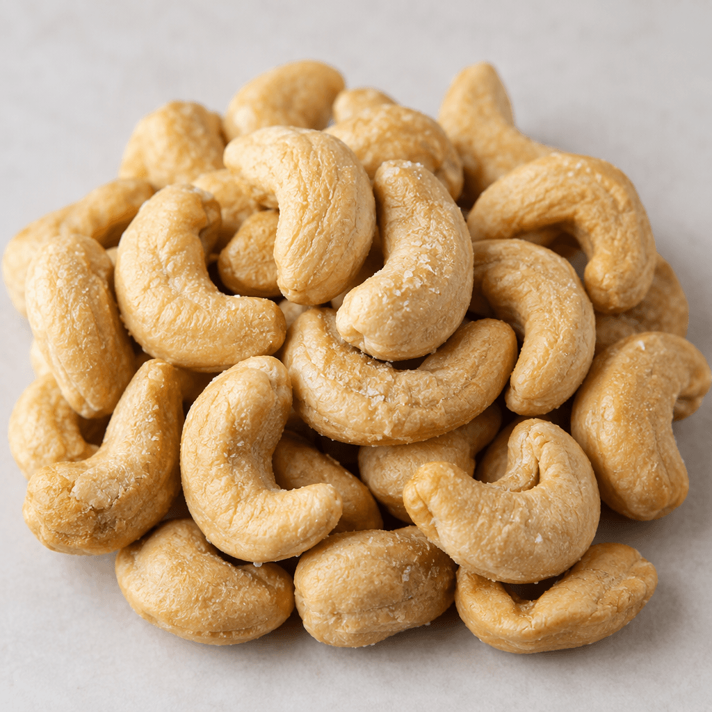 Light golden-beige, curved cashew kernels with lightly textured surfaces and tiny white salt crystals are loosely piled together.