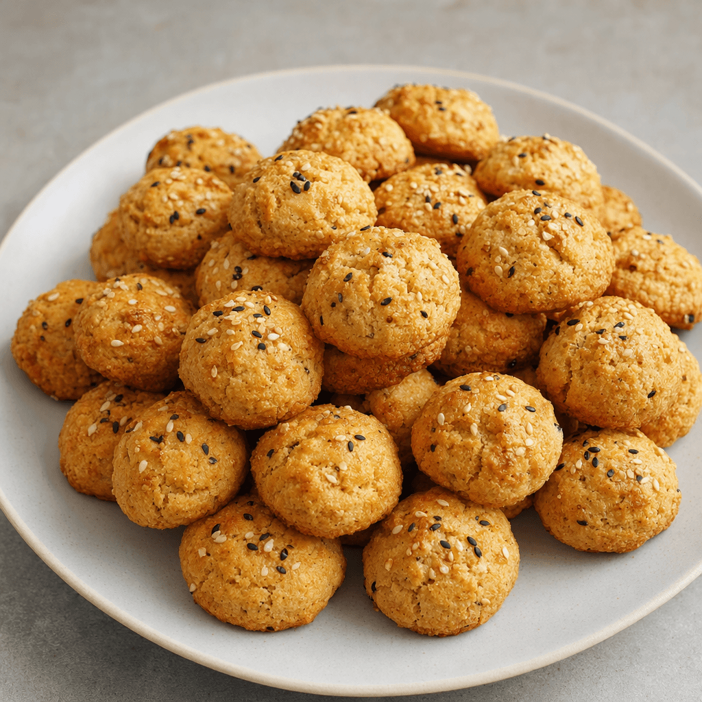 Small, golden-brown homemade savory cookies with lightly cracked, crumbly-looking surfaces and a few sesame and black seeds, arranged on a plate.