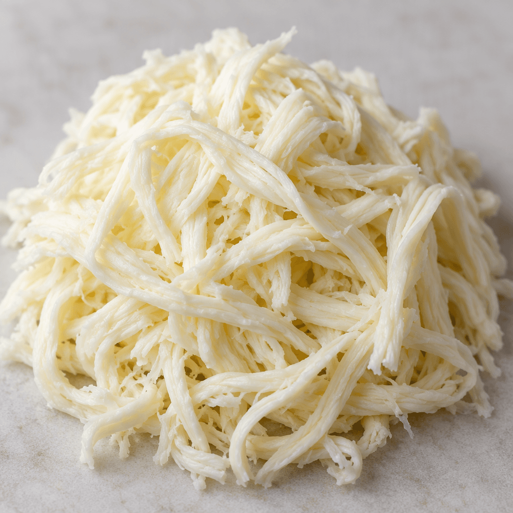 A loose mound of pale white cheese made up of thin, soft, moist strands, with a slightly fibrous, uneven surface.