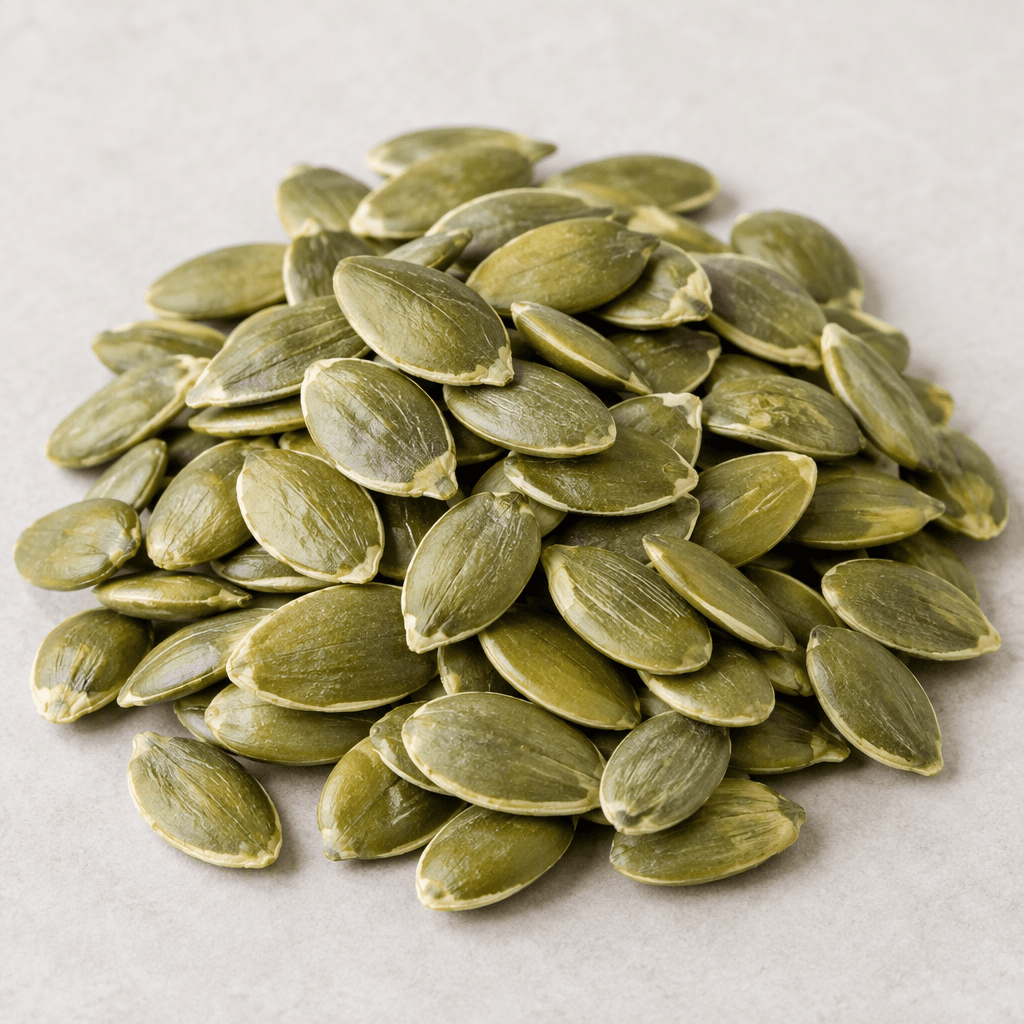 Flat, oval, pale green pumpkin seeds with thin cream-coloured edges, smooth slightly glossy surfaces, and a few natural ridges, loosely scattered in a small pile.