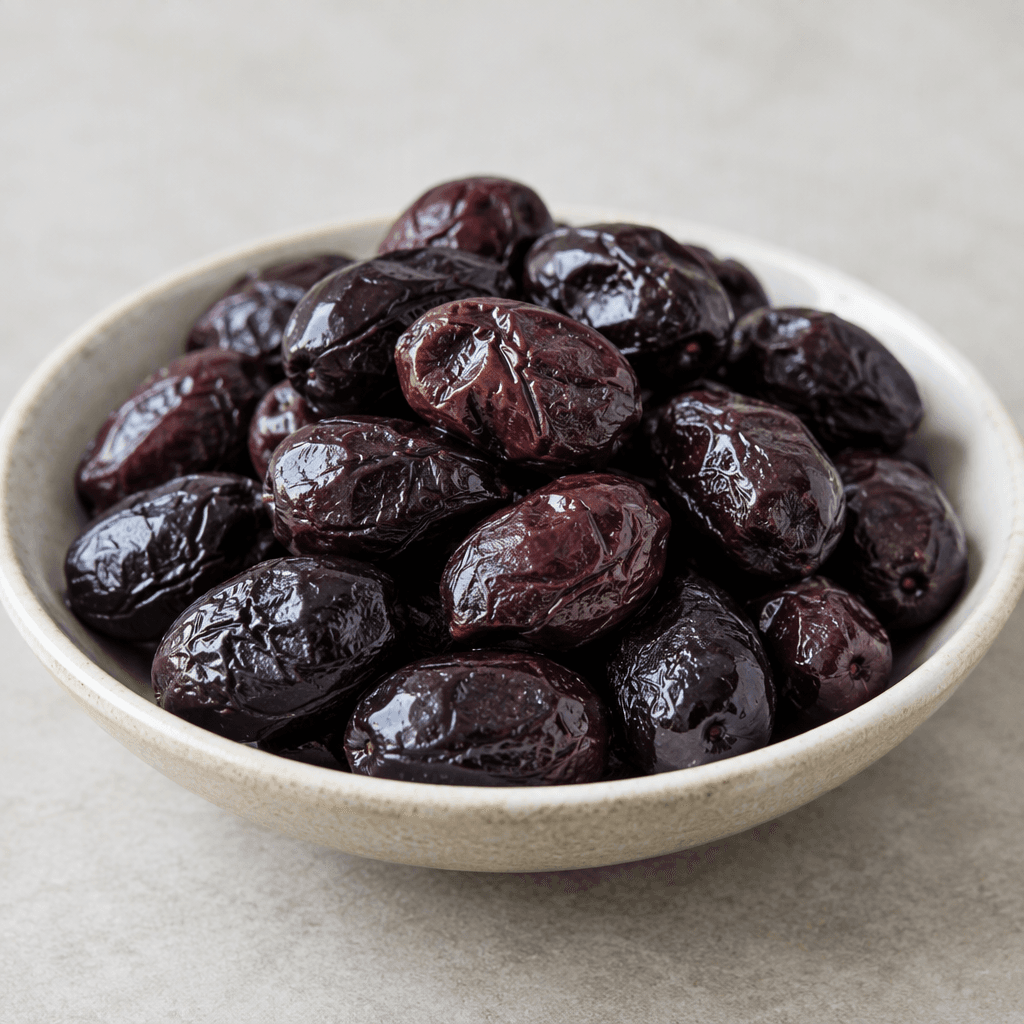 A small pile of oval, deep purple-black cured olives with wrinkled, slightly glossy skins sits in a shallow dish.