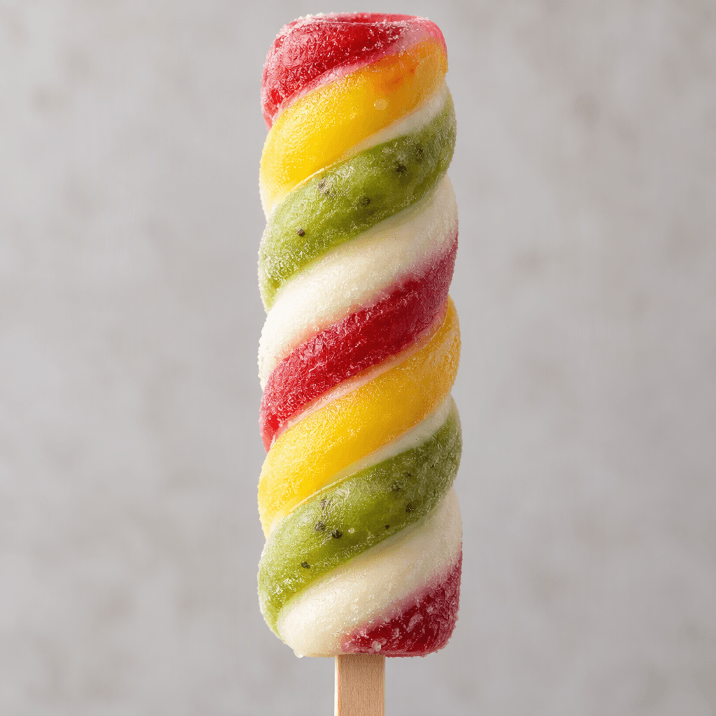 A long, ridged ice pop with red, yellow and green frozen layers spiraling around a pale creamy center, held on a wooden stick.
