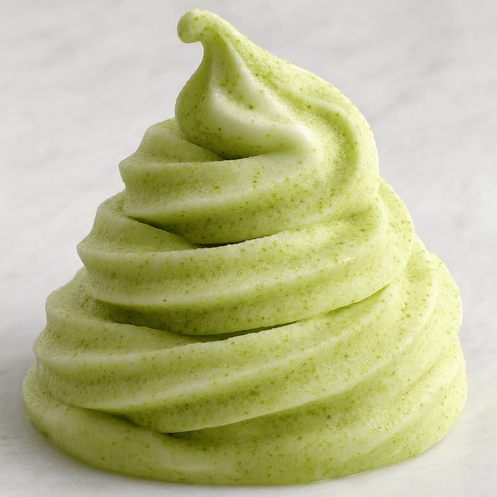 A frozen dessert shaped into a twisted spiral, with pale creamy-white and light-green bands and tiny green flecks throughout.