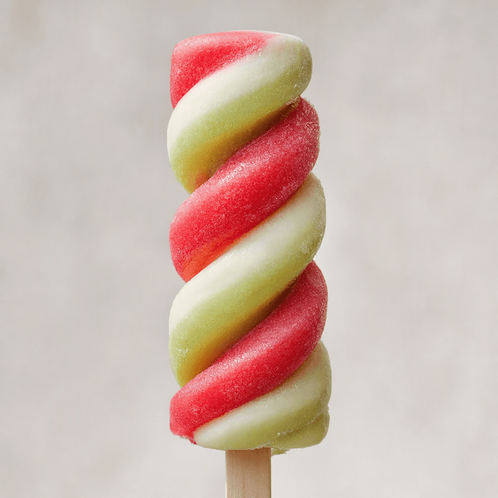 A ridged, corkscrew-shaped ice lolly on a wooden stick, with pink-red, creamy white and pale green layers spiralling around one another.