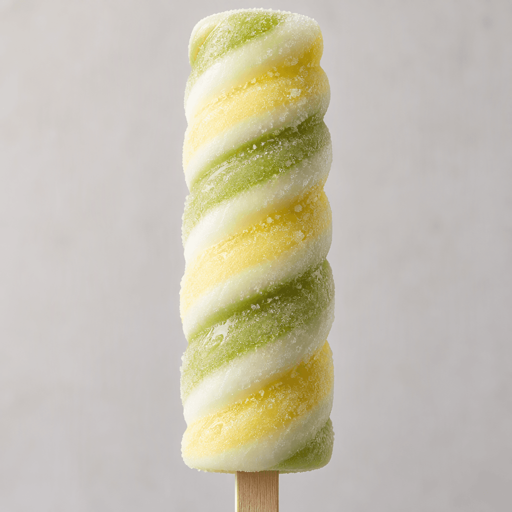 A long, ridged ice lolly with curled bands of pale green, white and light yellow running through it, served on a wooden stick.