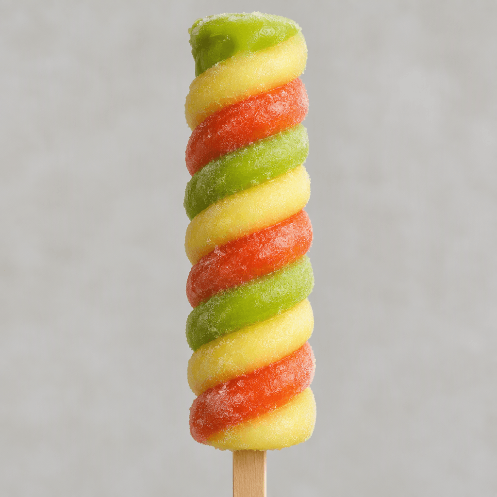 A brightly coloured frozen ice pop on a wooden stick, shaped as a ridged vertical spiral with alternating lime-green, pale yellow and orange-red bands.