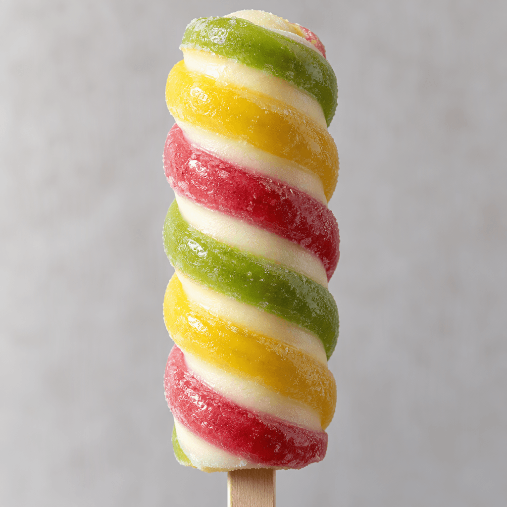 A tall, tightly curled frozen treat with glossy green, yellow and pink-red bands winding around a pale creamy centre, served upright on a stick.