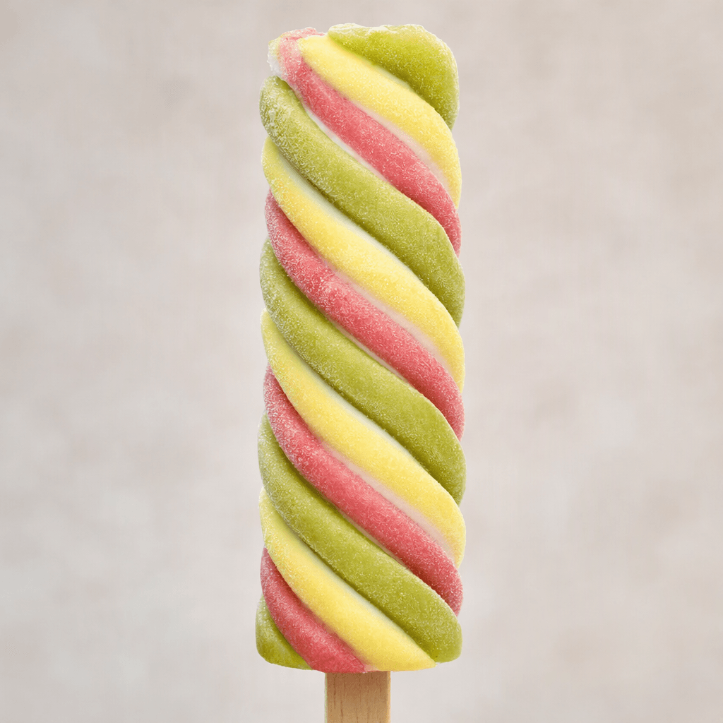 An elongated, gently twisted ice lolly with a ridged green outer layer, pale yellow and white bands winding around a pink-red centre, on a wooden stick.