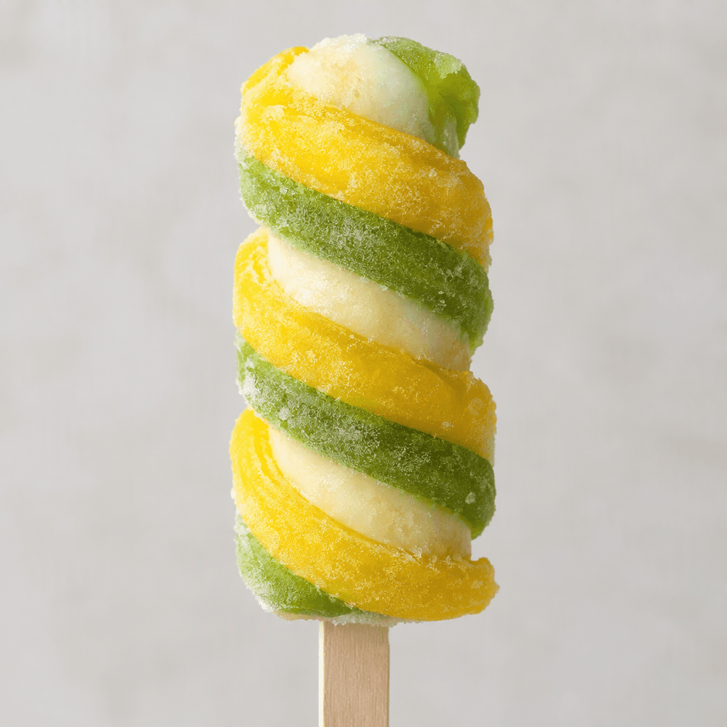 Small, short frozen lollies with bright green and yellow fruit-ice spirals wrapped around a pale creamy centre, served individually on sticks.