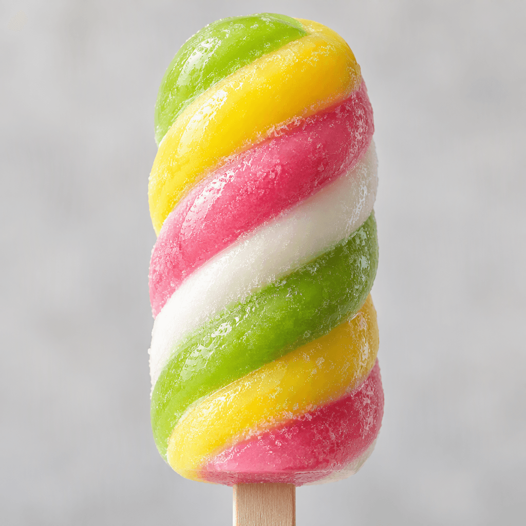 A small, rounded ice lolly on a stick, with bright green, yellow, pink and white bands curling together in a glossy, slightly icy swirl.
