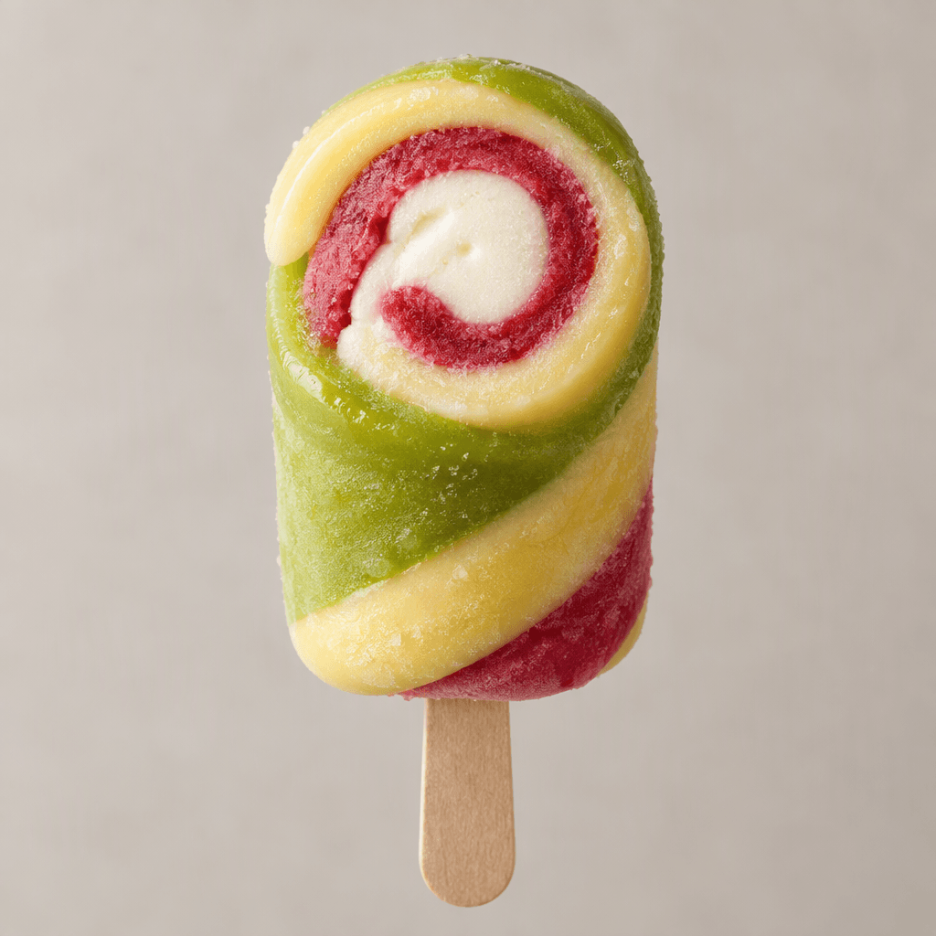 A small ice lolly on a wooden stick, with glossy green and pale yellow curls wrapped around a pink-red spiral and a creamy white centre.