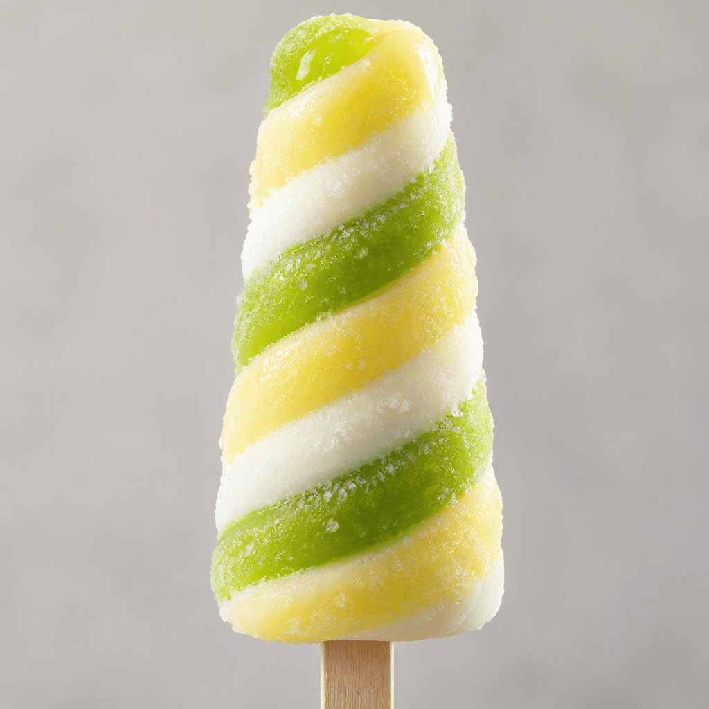 A small, tapered ice lolly on a stick, with ridged spiral bands of pale yellow, white and bright lime green.