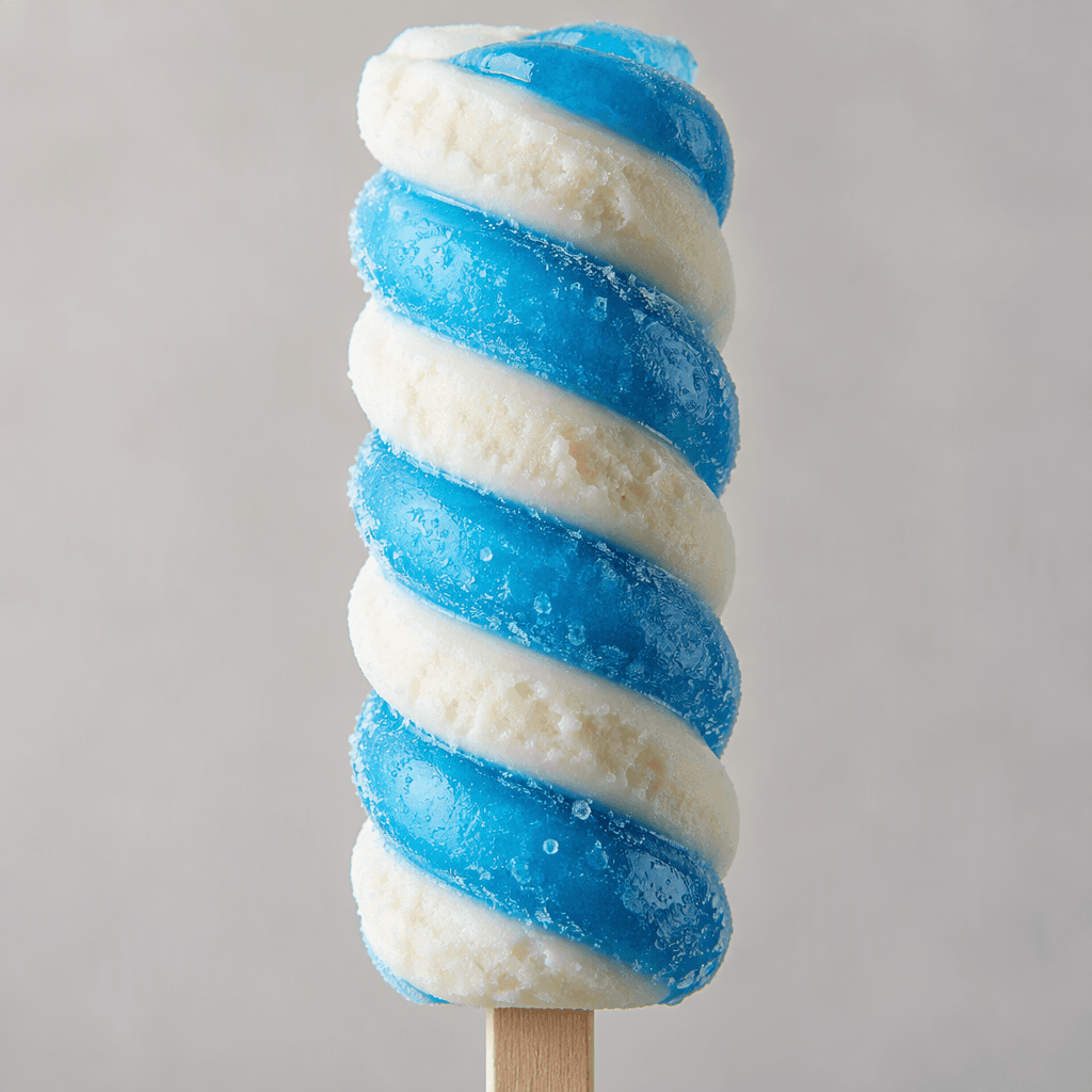A ridged, spiral-shaped ice lolly on a stick, with curling bands of vivid ocean-blue and pale white frozen ice cream.