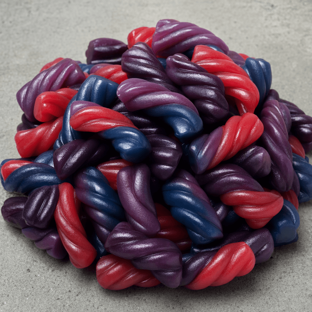 Glossy, chewy sweets are shaped into short, curved twists with deep purple, red and blue hues.