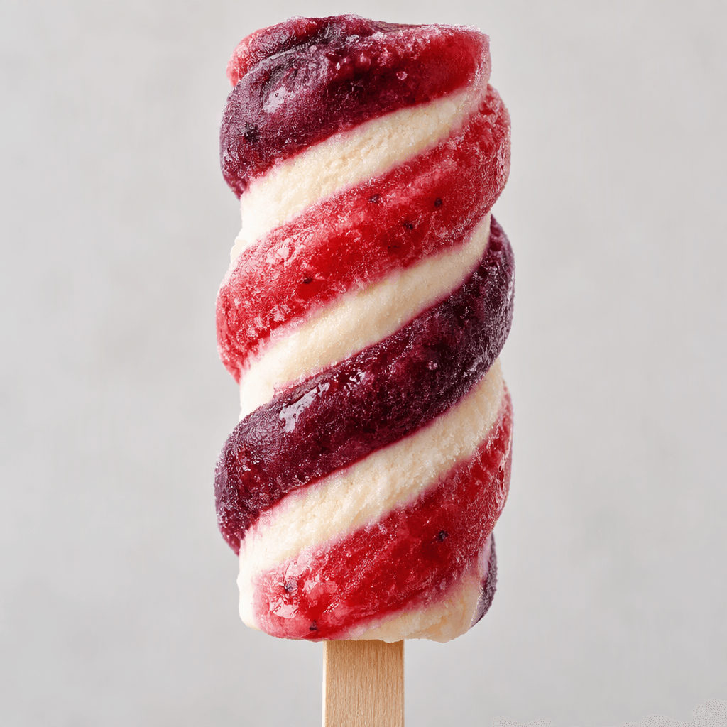 A ridged, corkscrew-shaped ice lolly on a wooden stick, with bands of deep berry-purple and red fruit ice wrapped around a pale creamy centre.