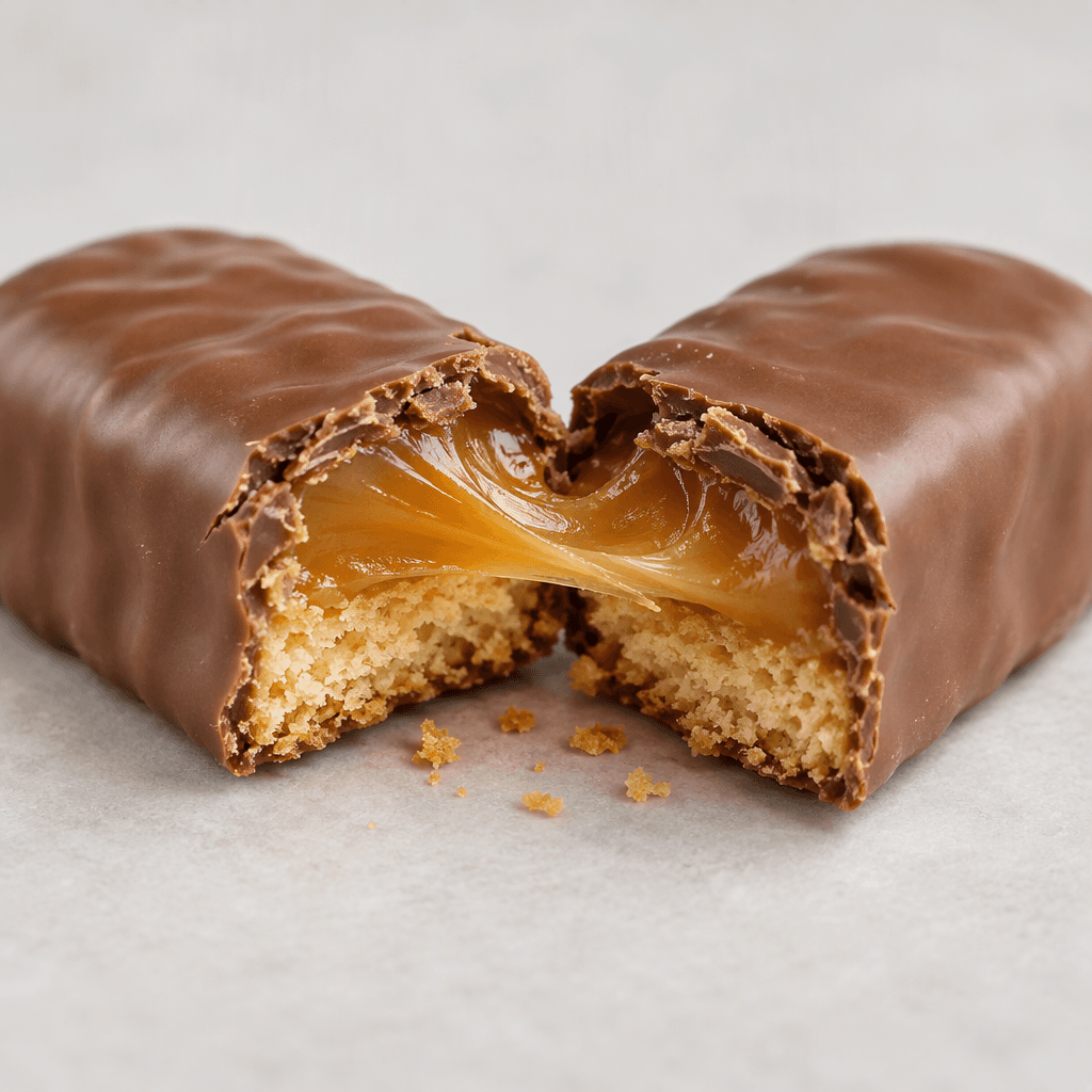 An elongated, rounded rectangular bar coated in smooth milk chocolate, with a golden biscuit base and a thick caramel layer visible where it is broken open.