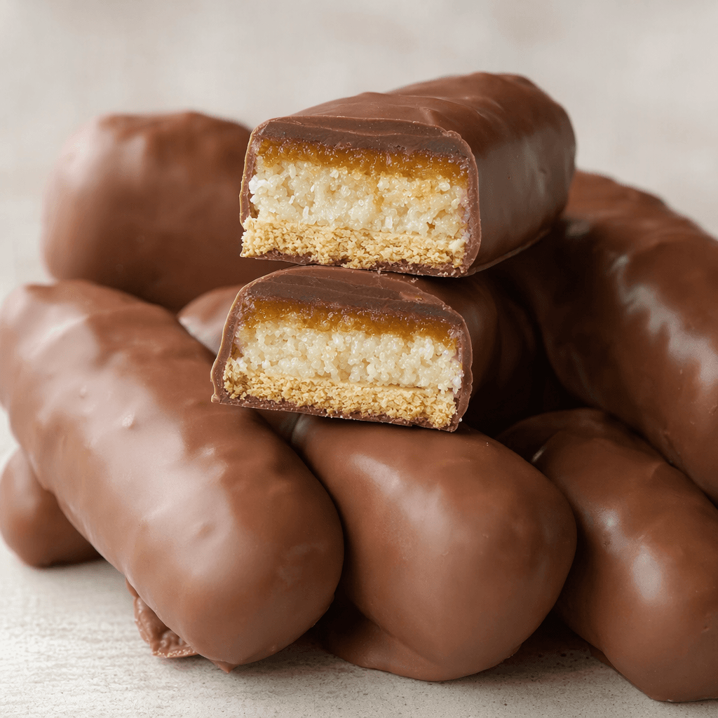 Small finger-shaped bars coated in smooth milk chocolate, with a cut piece showing a crisp golden biscuit base beneath a pale coconut-flecked filling and a thin caramel layer.