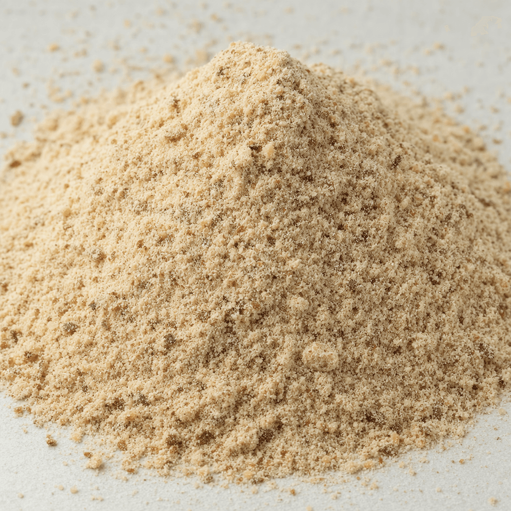 A small mound of fine light-tan powder with scattered darker brown flecks and a soft, slightly uneven surface.