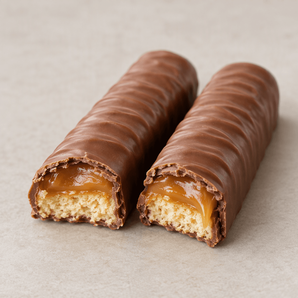 Two long, finger-shaped bars sit side by side, coated in smooth milk chocolate with a ridged top; a broken end reveals a pale golden biscuit beneath a thick layer of glossy caramel.
