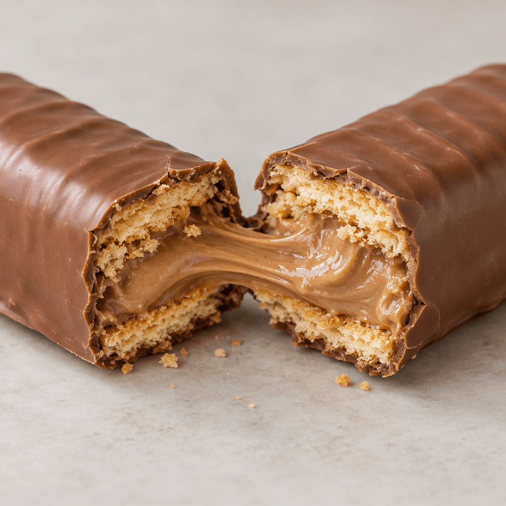 A long, finger-shaped chocolate bar with a smooth milk-chocolate coating, broken open to show pale golden biscuit layers and a thick, light-brown hazelnut filling.