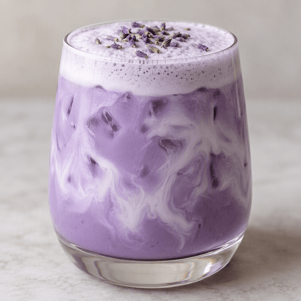 A creamy lavender-purple drink fills a clear glass, with pale milk softly marbled through it and a thin, light-colored foam on top.